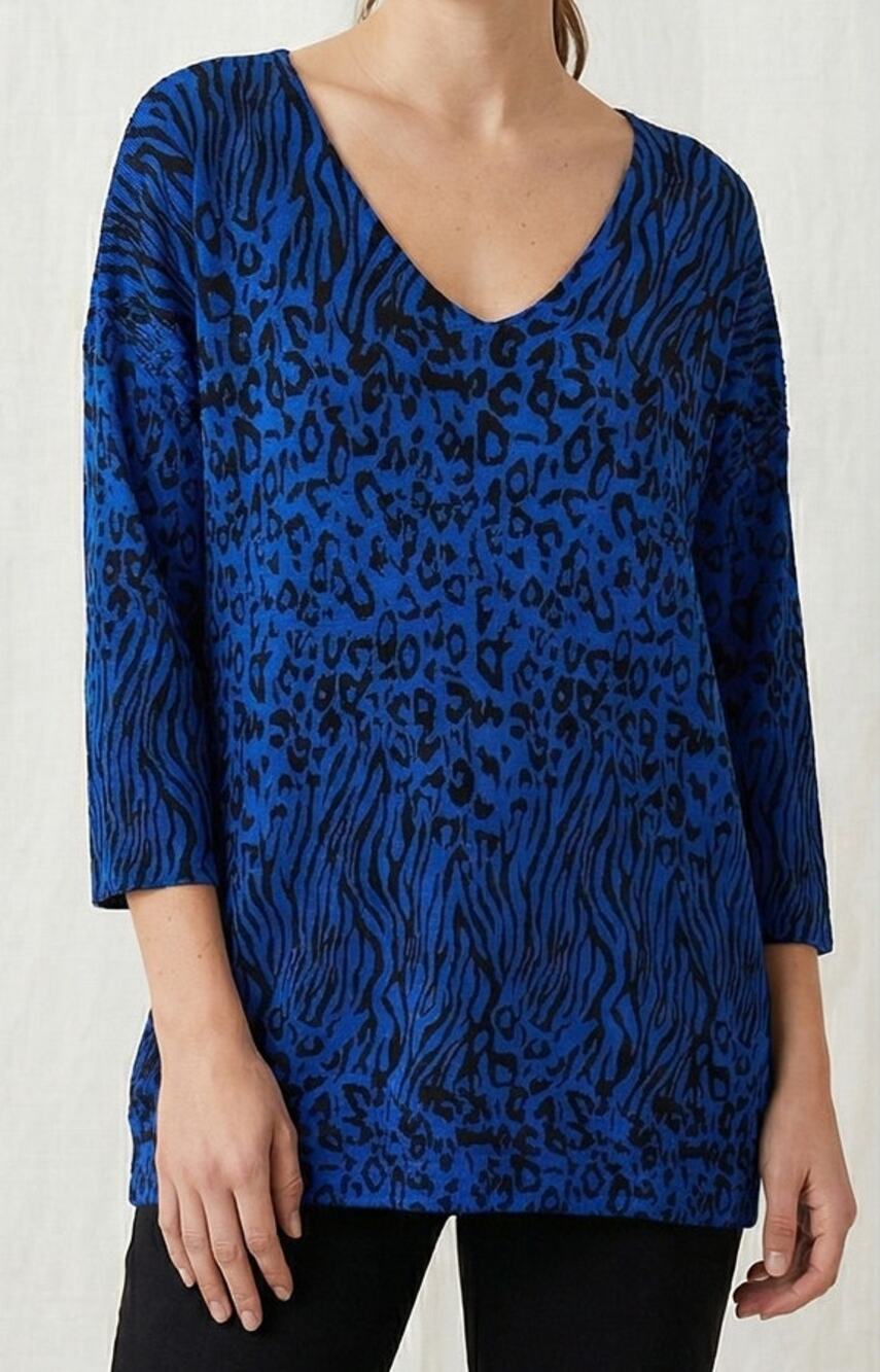 Dana Buchman XL Blue Black Leopard Print 3/4 Sleeve V Neck Acrylic Sweater